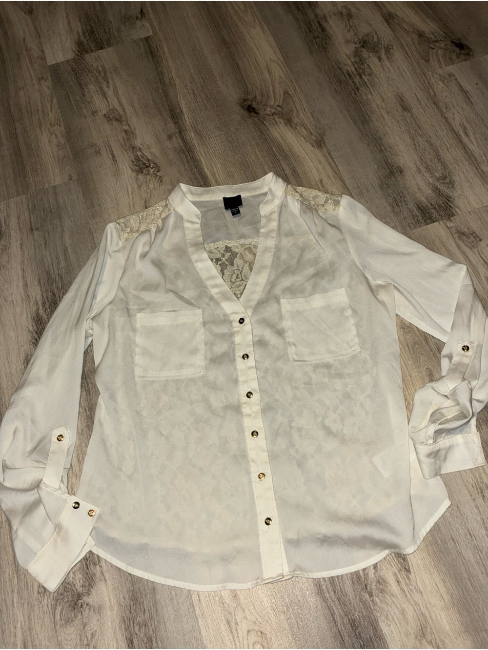 bebe White Lace-Back Button-Down Blouse